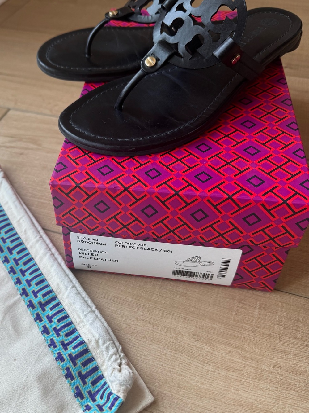 Tory Burch Miller Sandals Perfect Black Calf Leather Size 8 w/ Box & Dust Bag